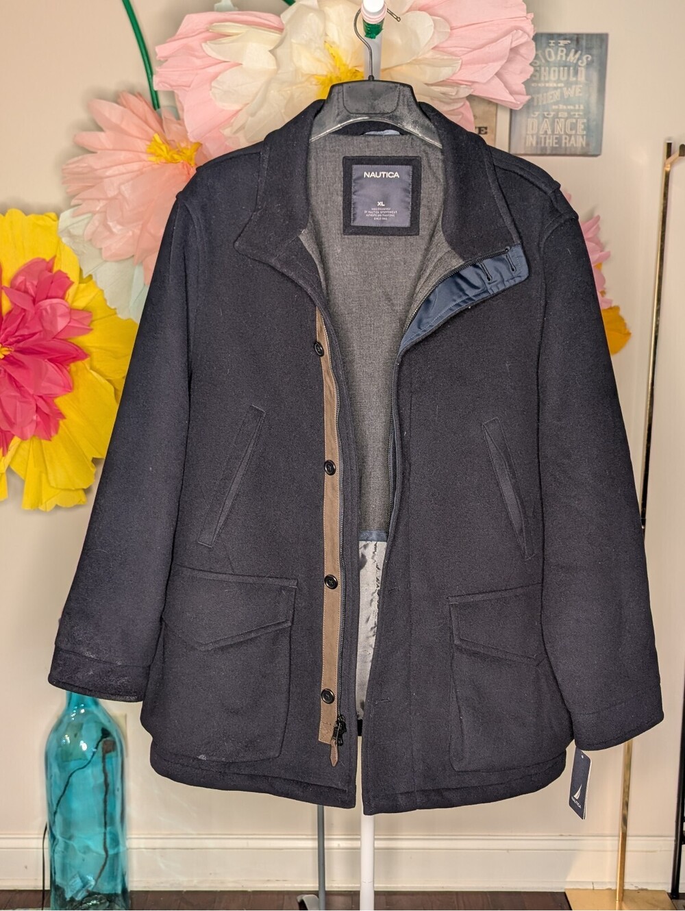 2176 - Nautica Men's Black Wool Blend Overcoat Size XL